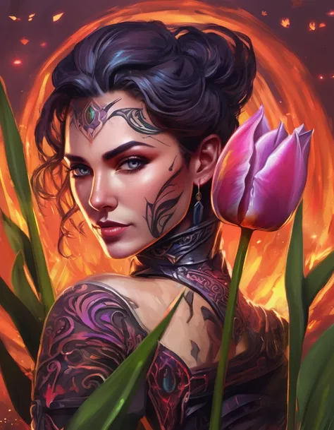 arafed, dark fantasy art, fantasy art, goth art, a picture of a tattoo of a tulip on the back of a female elf, a glowing tattoo ...