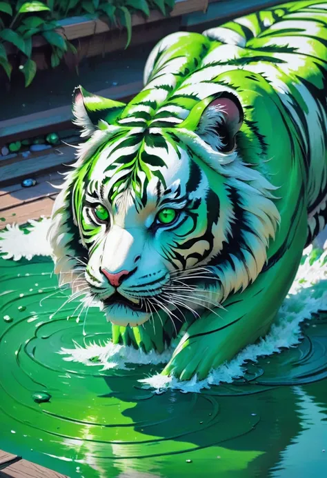 a tiger head with bright green eyes, side view, watercolors, 8k resolution, soft, tender, dripping paint, white background, wate...