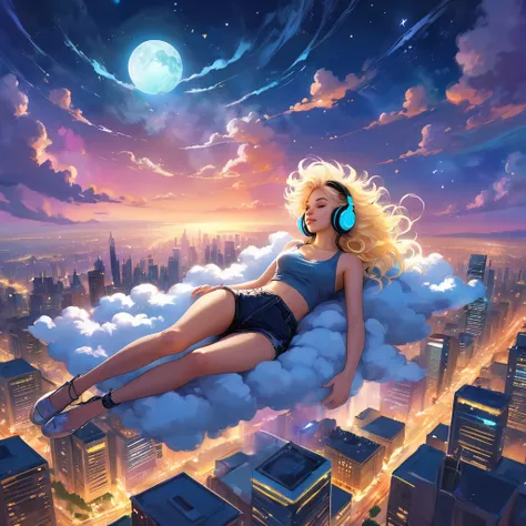 a beautiful 20 year old blonde woman with big messy hair laying down on a cloud in the sky floating over a cityscape at night, w...