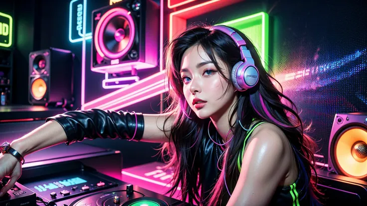 masseter muscle fragment、superfine、surrealism、beautiful western woman, blue eyes, headphone、dj set、sporty、headphone dj rave, spo...