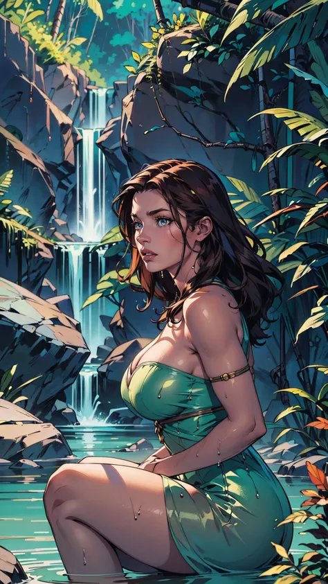 1 beautiful woman with long dark brown hair,perfect body,huge breasts,extremely sexy and attractive poses,in huge tropical jungle with waterfalls,wearing a transparent very wet dress,(best quality,4k,8k,highres,masterpiece:1.2),ultra-detailed,(realistic,ph...