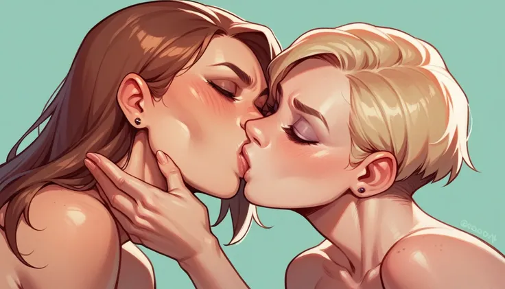 2 very hot naked and realistic girls kissing wildly and sloppily 