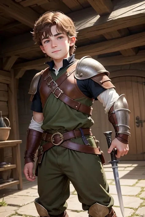 Spawns a young 18 year old Hobbit, with a round, rosy face, bright brown eyes and tousled light brown hair. He has a stubble and a friendly smile.. He wears brown leather armor and carries a short sword at his belt.. His height is about 3 feet 6 inches, an...