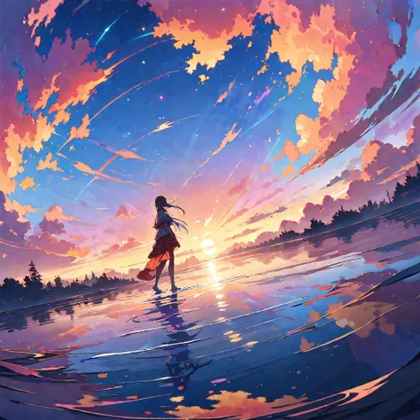 Official Art, Unified 8k wallpaper, Very detailed, masterpiece, Best image quality，Ultra Wide Angle，evening，woman，Standing in the pond，The water is like a mirror，Reflecting the sky。Looking up at the sky，Colorful sunset，Dynamic Angle, Grace, Bright colors,