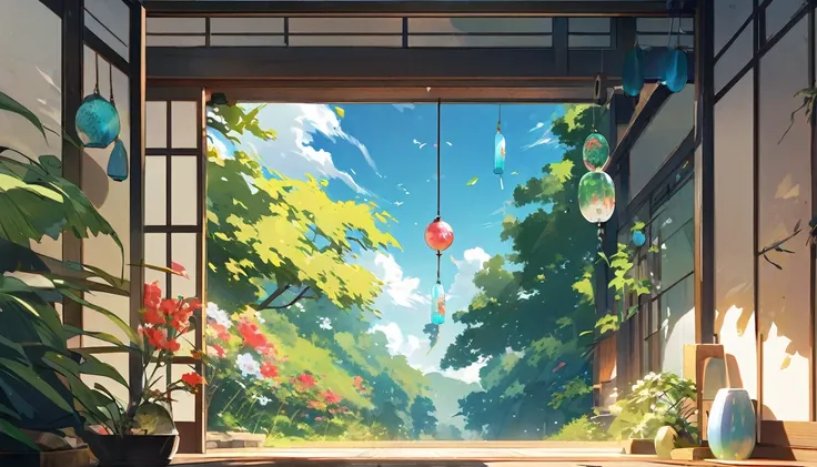 Illustration of a tranquil Japanese garden view from inside a Japanese-style room, Lush, wind chimes, Blooming summer leaves, blue sky, Hot midsummer sunshine, Breeze, Calming atmosphere, Attention to detail, Calm.