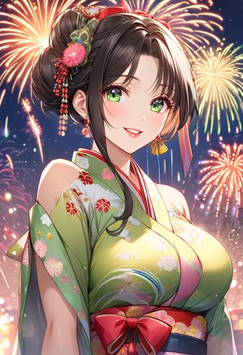 {worst quality, low-quality}, ((a closeup)), (girl with:1.2), (Big breasts), (A dark-haired, short-cut:1.3), plump shiny lips, Beautiful clear eyes, (The best smile), Spoken Heart, (perfect hand:1.2), (firework theme:1.4), (Japanese courtesan girl with:1.3...