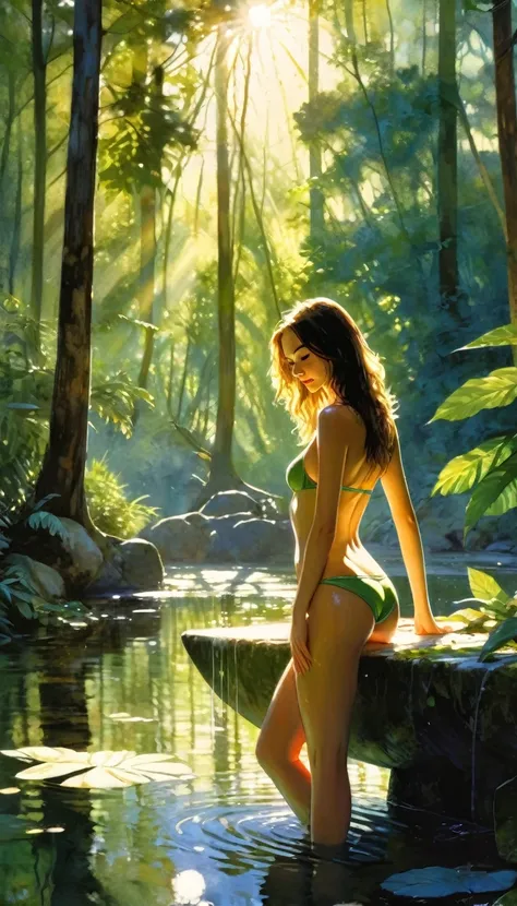 a sexy and beautiful girl in a large summer forest, sunlight reflecting on a river,bikini, the girl preparing to take a bath, detailed face and body, realistic, photorealistic, high quality, 8k, detailed environment, lush greenery, sunlight shimmering on w...