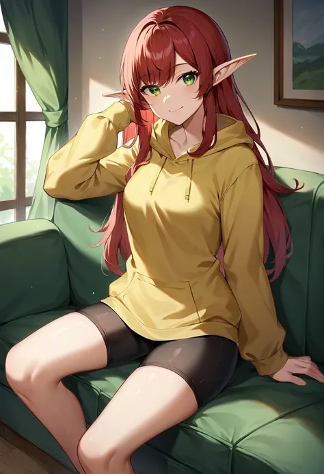 score_9, score_8_up, score_7_up, rating_safe, dark theme, low light, elf, pointy ears, red hair, long hair, green eyes, yellow hoodie, bike shorts, smile, 1girl, solo, looking at viewer, cowboy shot, sitting, on couch, couch, indoors, living room 