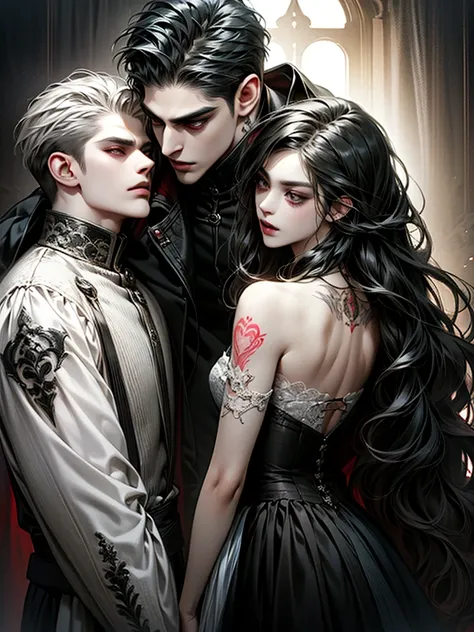 Girl with long hair, black hair,and boy with short hair, white hair, tatto, undercut hair,vampire 