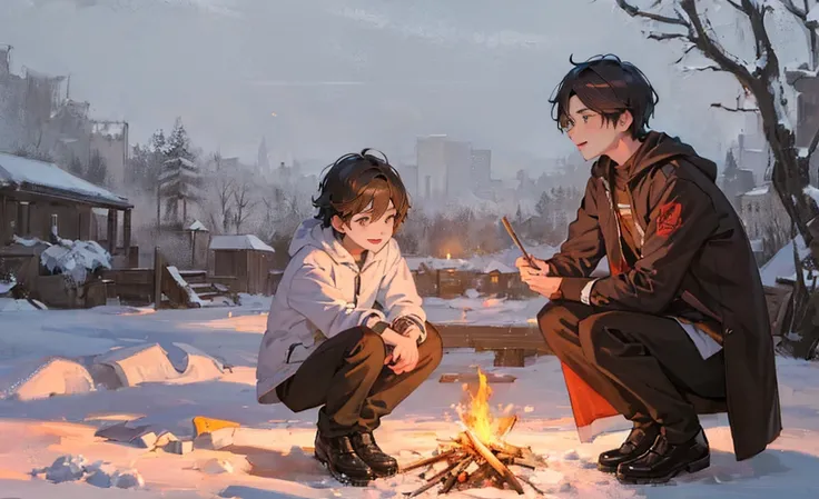 ((masterpiece,best quality,detailed,Two boys，Snow，Around the campfire)) 8K, Sunset，Distance