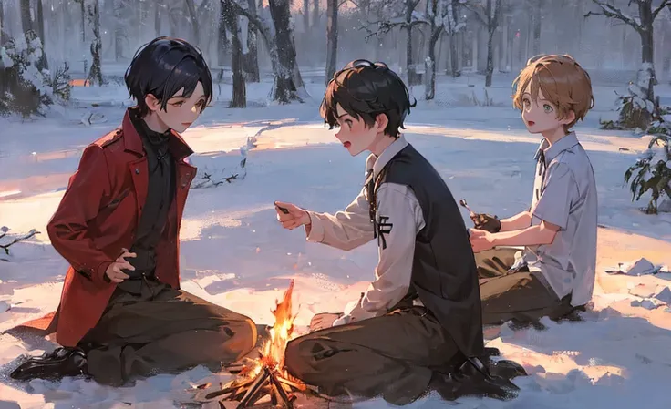 ((masterpiece,best quality,detailed,Two boys，Snow，Around the campfire)) 8K, Sunset，Distance