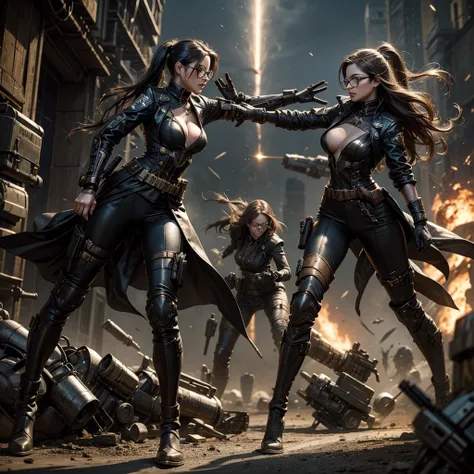 
a sexy woman with glasses in a futuristic steampunk uniform in a battlefield while running in fighting stance, around the woman a surreal battle scenario