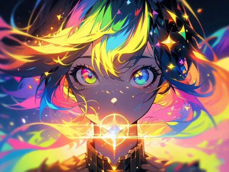 {{masterpiece}}, Highest quality, Highly detailed CG Unity 8k wallpaper, Cinema Lighting, Lens flare, Beautiful details in the eyes, black, Sideways glance, Multicolored Hair, colorful light, particle, Heterochromia iridis, (colorful:1.5), (colorful hair:1...