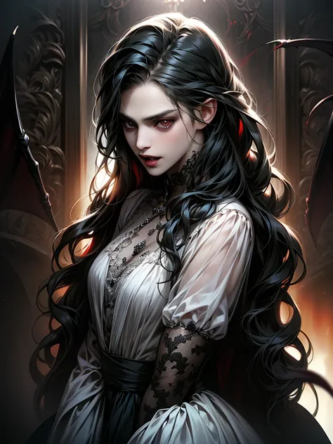 Girl with long hair, black hair,vampire ,vampire teeth ,devil