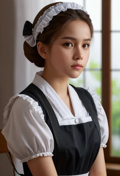 8K, of the highest quality, masutepiece:1.2), (Realistic, Photorealsitic:1.37), of the highest quality, masutepiece, Beautiful young woman, Pensive expression,、A charming、and an inviting look, Cute Maid Clothes, Hair tied back, Cinematic background, Light ...