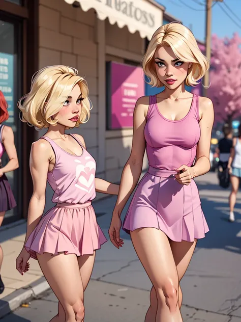 2 blondes girls, One with short hair, wearing a pink miniskirt, wearing a pink tank top with a low cut, the other wearing a pink princess dress With long blond hair