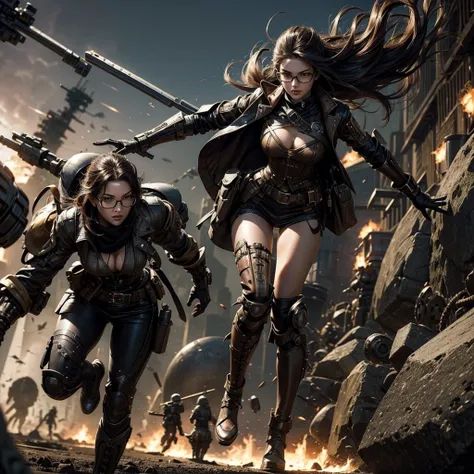 
a sexy woman with glasses in a futuristic steampunk uniform in a battlefield while running in a dynamic fighting stance, around the woman a surreal battle scenario