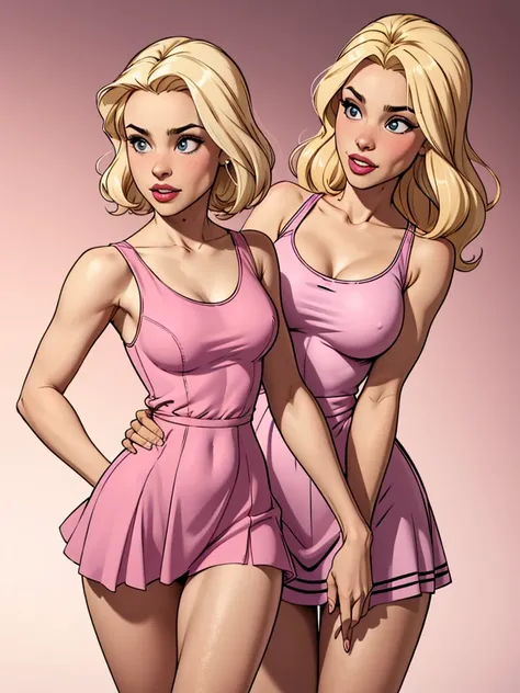 2 blondes girls, One with short hair, wearing a pink miniskirt, wearing a pink tank top with a low cut, the other wearing a pink princess dress With long blond hair