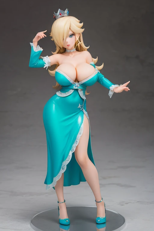 Figure of blonde, sexy pose, big breasts, adjust dress
