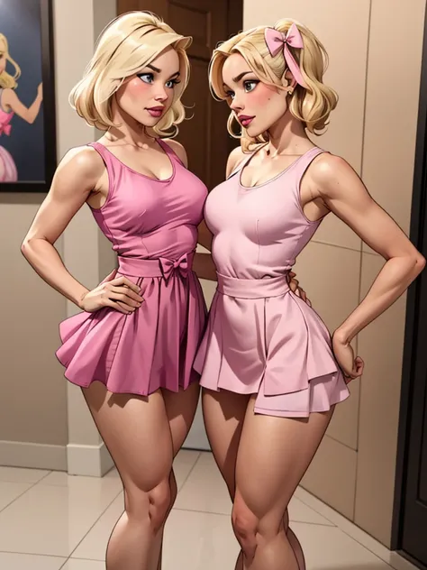 2 blondes girls, One with short hair, wearing a pink miniskirt, wearing a pink tank top with a low cut, the other wearing a pink princess dress With long blond hair Wearing bows in your hair 