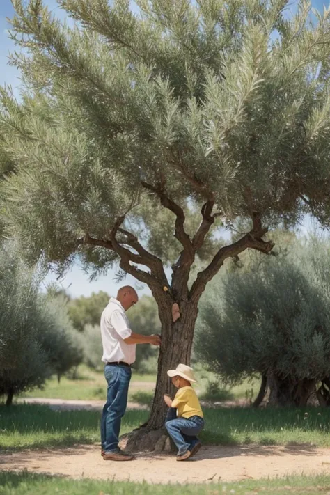 an old father and a young son picking olives from an olive tree in the style of Van Gogh painting. They are both human beings but not so realistic, they are facing away from each other. Vivid colors