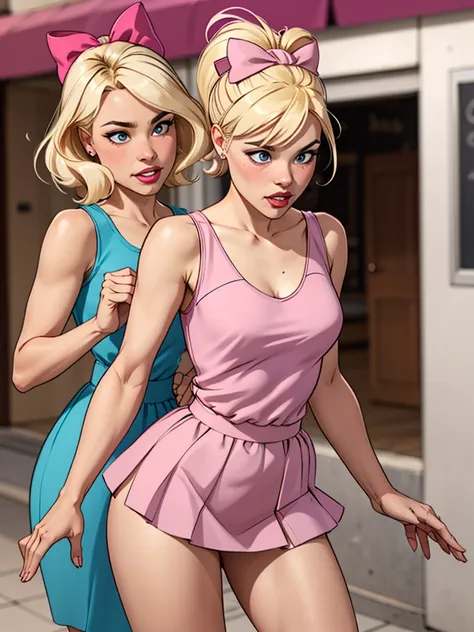 2 blondes girls, One with short hair, wearing a pink miniskirt, wearing a pink tank top with a low cut, the other wearing a pink princess dress With long blond hair Wearing bows in your hair 