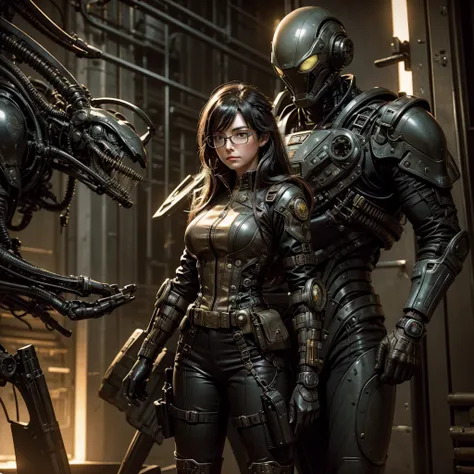 
a single woman with glasses in a futuristic steampunk military uniform facing an alien ready to fight against him