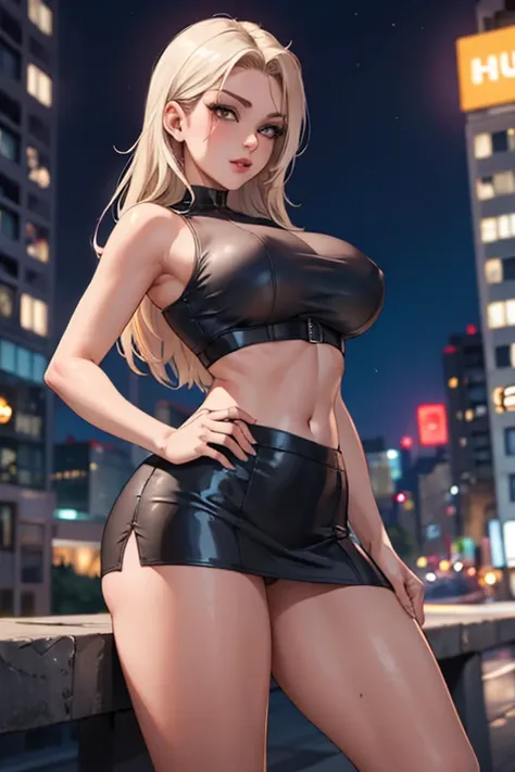 masterpiece, best quality, shadows, perfect hands, perfect legs, perfect anatomy, pretty face, mature features, 1 girl, 21 years old, MILF, mature woman, tight crop top, sexy leather skirt, city night background, white long hair, thighs, ass, breast, seduc...