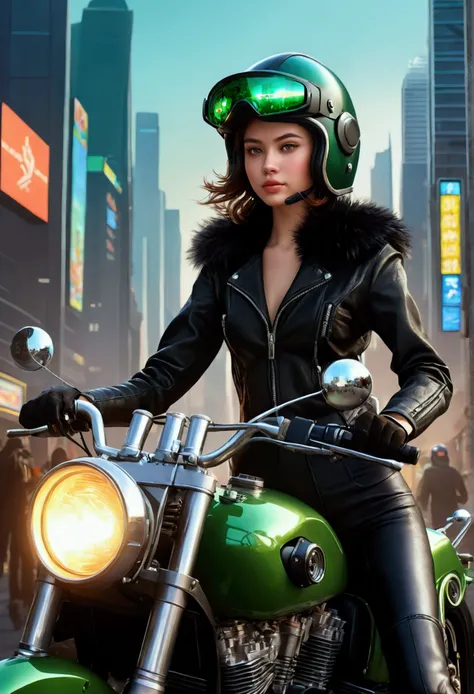 Highest image quality, outstanding details, ultra high resolution, (Realism: 1.4), best illustration, I prefer details, very tight 1 girl, with a gentle and beautiful face, dressed in black and green fur, in a mechanical helmet, holding a direction control...