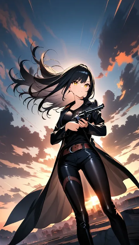 1 girl, Cool girl, shiny black hair, Long Hair, Golden Eyes, Black shirt, short trousers of black color,, Black long coat, Cowboy hat, Holding a revolver in your hands, Look beyond the camera, dynamic pose, ((32K)), ((best quality)), ((ultra high res)), ((...