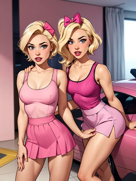 2 blondes girls, One with short hair, wearing a pink miniskirt, wearing a pink tank top with a low cut, the other wearing a pink princess dress With long blond hair Wearing bows in your hair the two inside a pink Ferrari