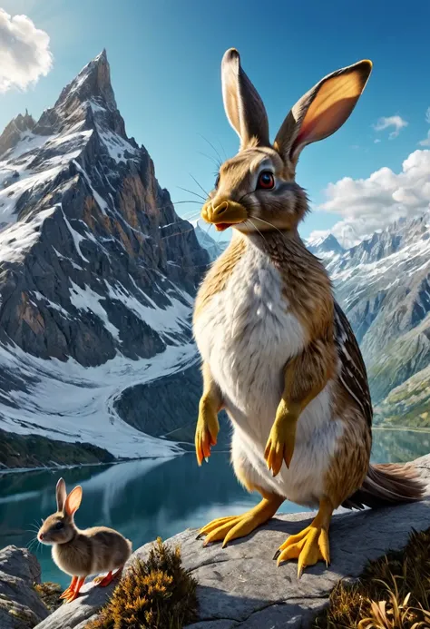 a surreal Wolpertinger, Hybrid creature made of duck, rabbit, and mouse, in front of a mountain landscape, (best quality,4K,8k,highres,​masterpiece:1.2),Ultra-detail,(Realists,photoRealists,photo-Realists:1.37),elaborate details,cinematic lighting,The Fant...