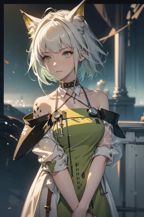 anime girl with white hair and green dress, kal'tsit, kal'tsit from arknights, from the arknights videogame, fox ear, from arkni...