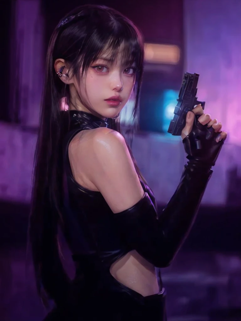 a woman in a black dress holding a gun in a dark room, cyberpunk judy alvarez, faye valentine from cowboy bebop, with pistol, portrait sophie mudd, neo noir style, beauty blade runner woman, beaten tech. neo noir style, cyberpunk photo, beautiful cyberpunk...