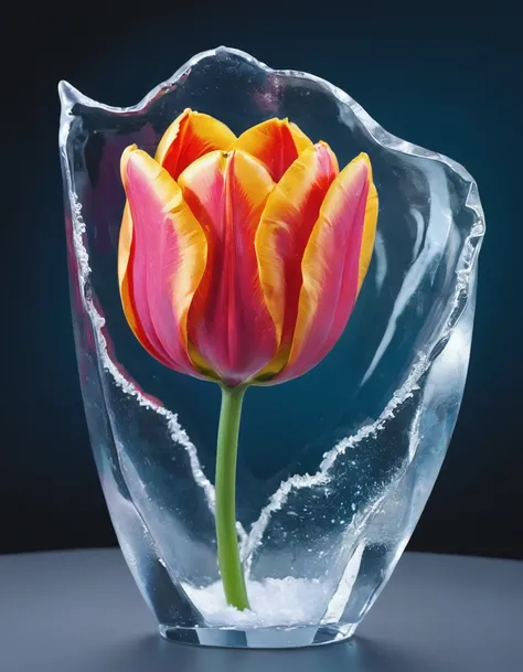  portrait of an ((ice sculpture of a 1single tulip flower: 1.5)), dynamic color icy tulip petals, dynamic background, vivid icy tulip, close up portrait, dynamic background, High Detail, Ultra High Quality, High Resolution, 16K Resolution, Ultra HD Picture...