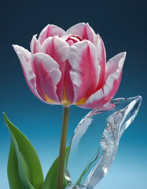 portrait of an ((ice sculpture of a 1single tulip flower: 1.5)), dynamic color icy tulip petals, dynamic background, vivid icy t...