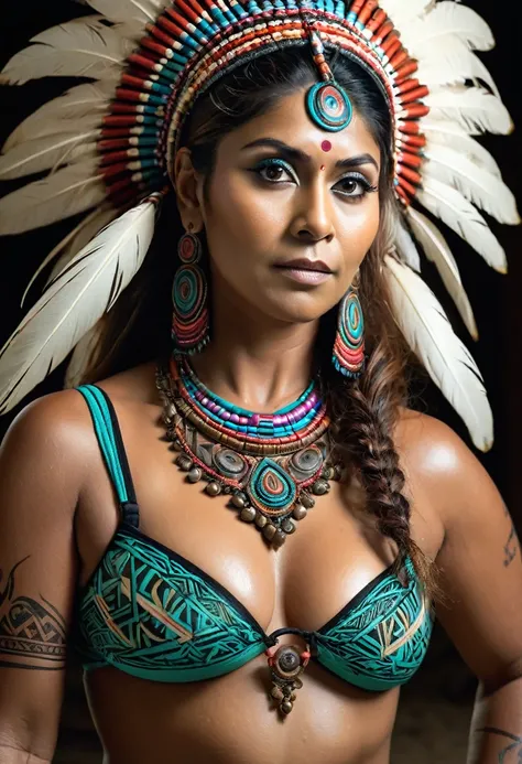 Foto RAW, looks like Nayanthara, excessive sweating, thick figure, curvy, milf, 50 years old Woman, tattoo in the middle of her breast, with realistic Indian headdress , tribal girl, stunning looks, tribal headdress, tattoos, colourful tribal tattoos, nude...