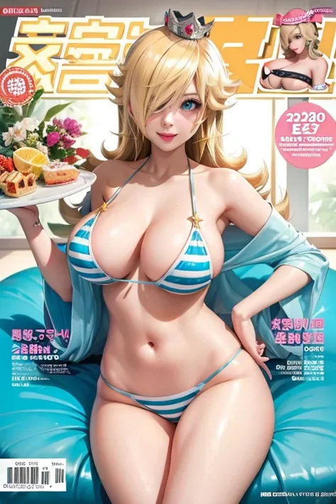 Magazine cover of blonde, sexy pose, big breasts, smile
, blue striped bikini