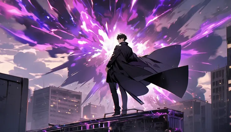 handsome, alone, 1 man, short hair, black hair, purple eyes, black shirt, black coat, Lots of power, A lot of purple energy exploded., standing on building