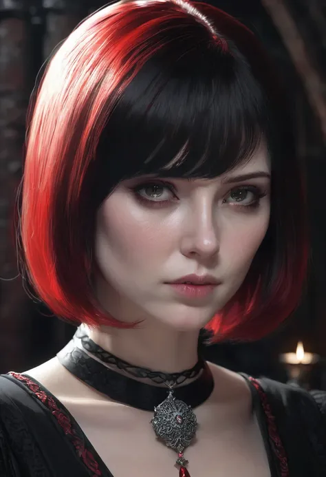 1 woman, inside a dark medieval room, wearing an elegant all-black dress, detailed facial features, feminine silver eyes, detailed pale skin, red stone necklace around her neck, straight black bob hair without bangs, dramatic lighting, cinematic compositio...