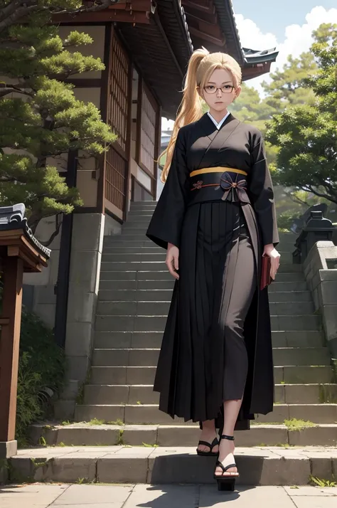 masterpiece, best quality,  woman, blond, folded ponytail, glasses, black robes, sash, hakama skirt, seiza, walking, stairs, japanese architecture, trees, sky, holding book, looking at viewer