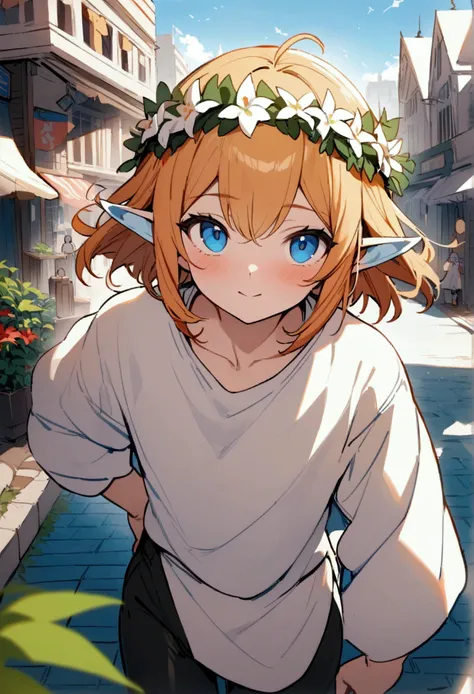 Masterpiece, High quality, High quality of art, best quality, best details, 1boy, fluffy orange hair, blue eyes, In white Heaton, a white city, a blue sky, full of inhabitants around, the inhabitants bow to him, Wreath of lilies, The white city of the elve...