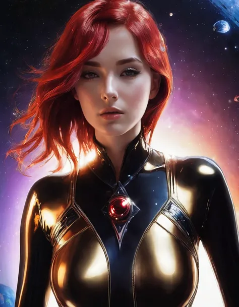 Sun goddess, Red hair, Young woman, stars, Space around, black latex clothes, sexy figure and appearance