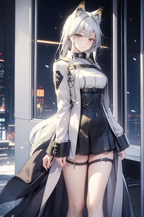 anime girl with white hair and green dress standing in the dark,kal'tsit, kal'tsit from arknights, from the arknights videogame,...