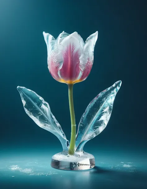 portrait of an ((ice sculpture of a 1single tulip flower: 1.5)), dynamic color icy tulip petals, dynamic background, vivid icy t...