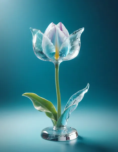 portrait of an ((ice sculpture of a 1single tulip flower: 1.5)), dynamic color icy tulip petals, dynamic background, vivid icy t...