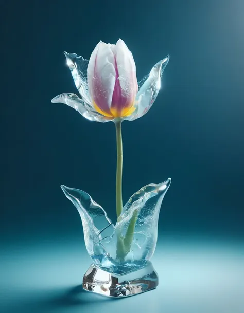 portrait of an ((ice sculpture of a 1single tulip flower: 1.5)), dynamic color icy tulip petals, dynamic background, vivid icy t...