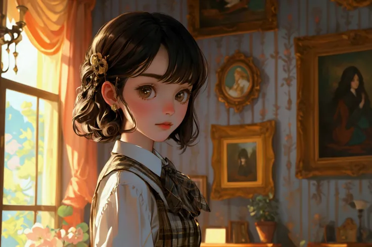 A sophisticated, vintage-style room with detailed woodwork and paintings in the background. a beautiful, cute girl wearing a similar plaid suit and accessories, styled to match the scene. The background, including the rooms decor and paintings, remains exa...