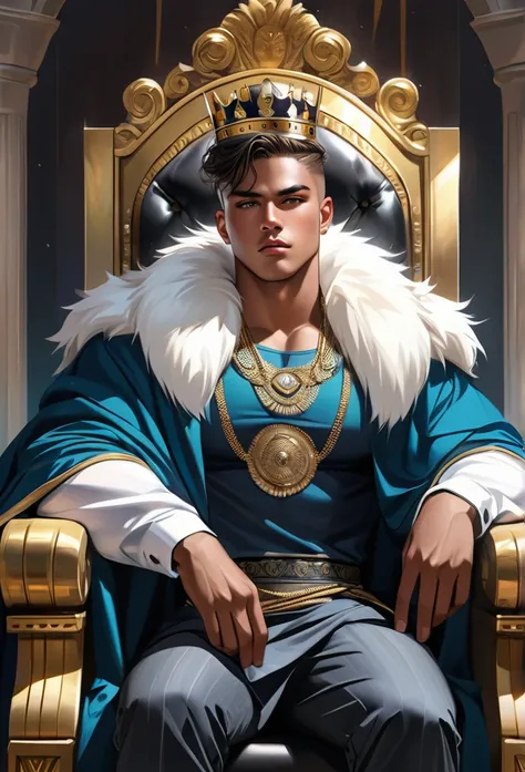 Ultra-realism, buff young man as king in a throne, dar vibes, bear fur cape