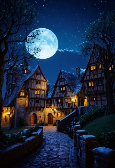 ((Best resolution:1.4)), ((high quality:1.2)), Work of art, 8k, extremely detailed, ((High detail:1.2)), cinematic photo, a very beautiful city, medieval houses and trees, mid night sky, 